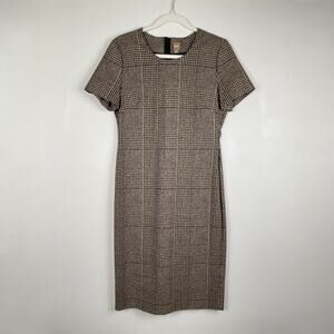 Hugo Boss Dixetta Sheath Midi Dress Brown Black Houndstooth US 8 Short Sleeve